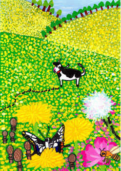 たんぽぽ畑でかくれんぼ