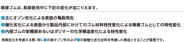 積層ゴムは、長期使用中に下記の変化が起こりえます。1.主にオゾン劣化による表面の亀裂発生　2.酸化劣化による表面から製品内部にかけてのゴム材料特性変化による積層ゴムとしての特性変化　3.内部ゴムの架橋部あるいはポリマーの化学構造変化による特性変化　　長期劣化を考慮する際、特に1の耐オゾン性および2の耐酸化劣化材料を考慮した構造とすることが重要です。