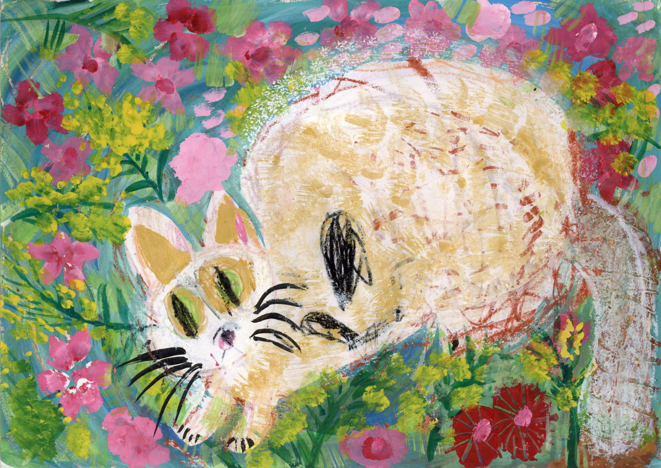 「春のお花畑ではしゃぐ猫」
