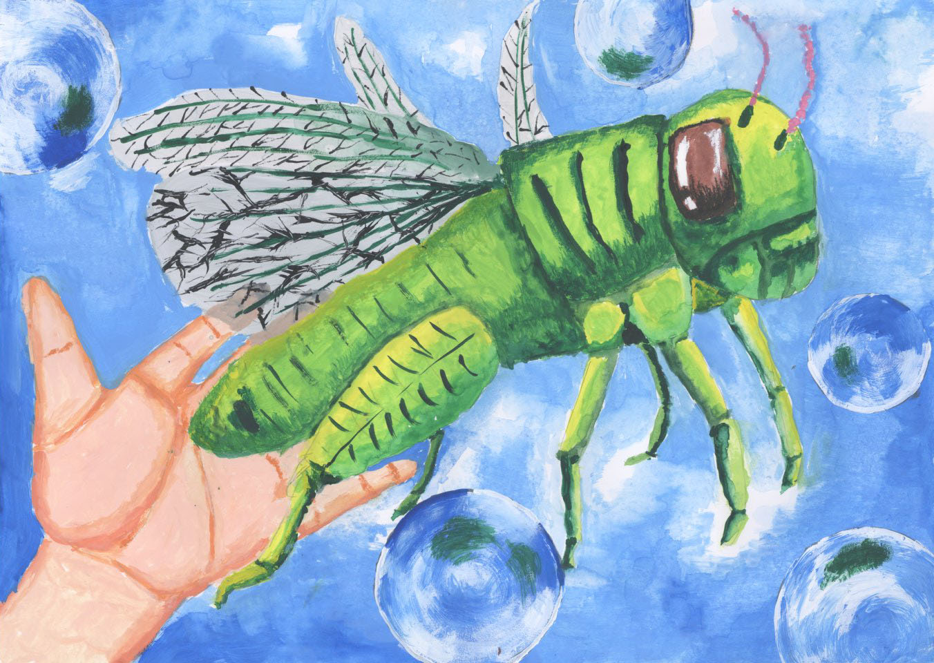 「しゃぼん玉が飛んだ、バッタと飛んだ！」