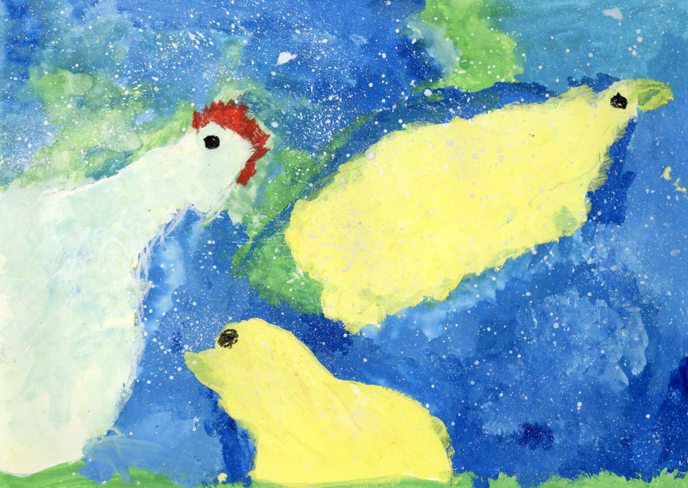 「ゆきの中でニワトリたちがあそんでいるよ」